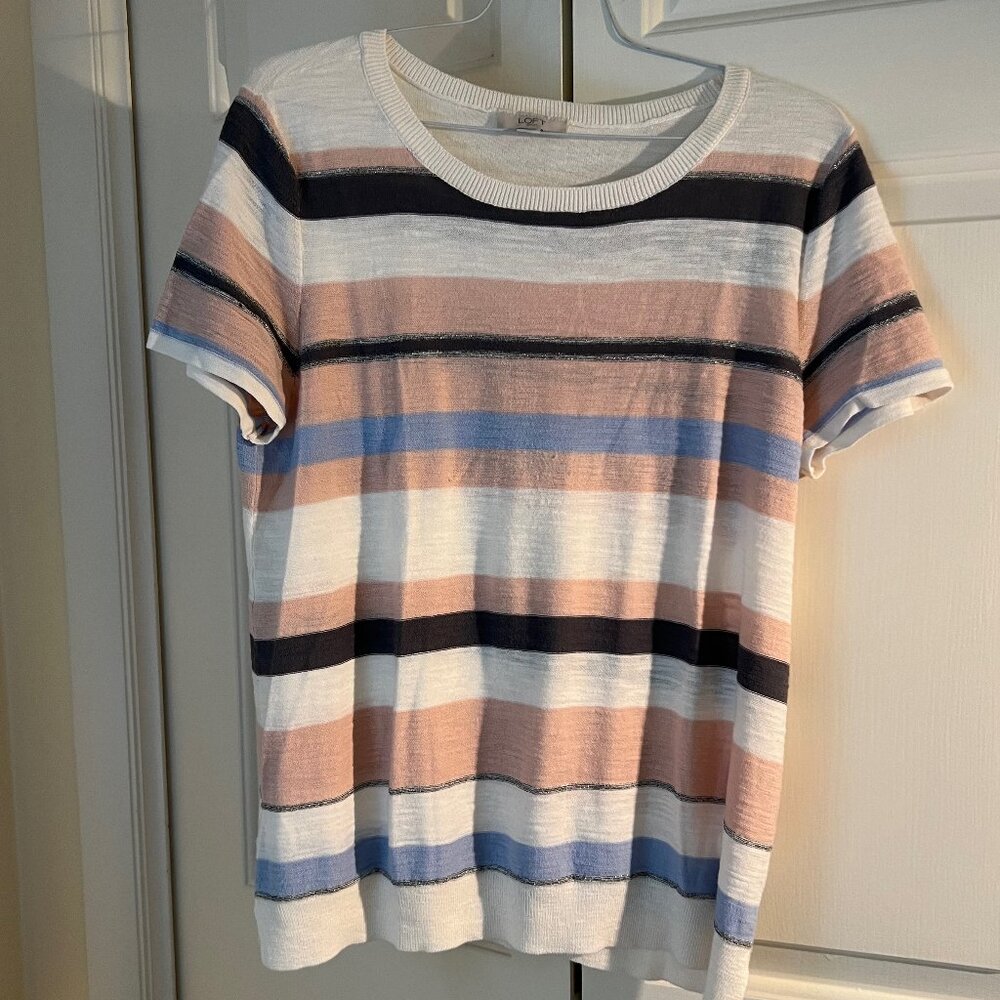 LOFT, multi color stripe, knit top, lightweight sweater, short sleeves
